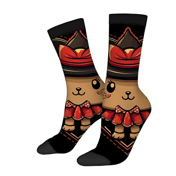 Unisex Trendy Socks (2 Pairs) - Cartoon Character Design with Smiling Face Red Bow Tie & Hat Black Background with Triangular Pattern