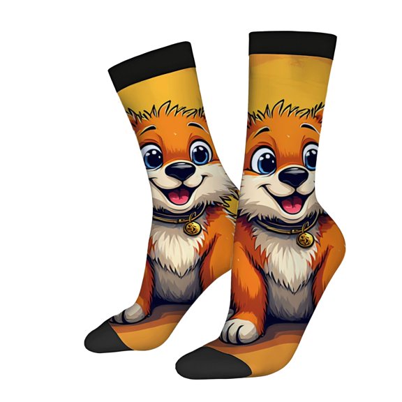 Unisex Trendy Socks (2 Pairs) - Cartoon Dog Design with Blue Eyes on Vibrant Yellow Background Perfect for All Seasons