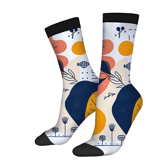 Unisex Trendy Socks (2 Pairs) - Colorful Abstract Design with Circles Dots & Plants Perfect for All Seasons Black Toe Caps & Cuffs