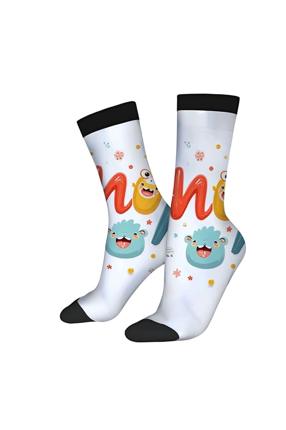 Unisex Trendy Socks (2 Pairs) - Colorful Cartoon Characters with Smiling Fluffy Creatures Fun Stars & Bubbles Design