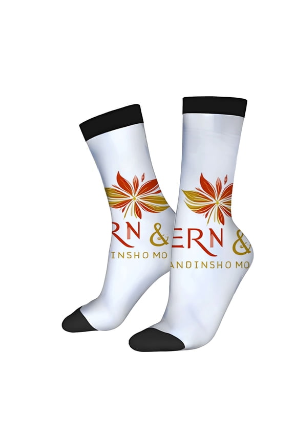 Unisex Trendy Socks (2 Pairs) - Colorful Floral Design with Red & Orange Petals Stylish Black Toe Caps Perfect for All Seasons