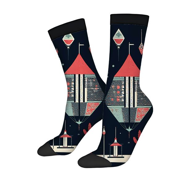 Unisex Trendy Socks (2 Pairs) - Colorful Geometric Design with Castle Towers Lanterns & Boat on Dark Blue Background Perfect for All Seasons