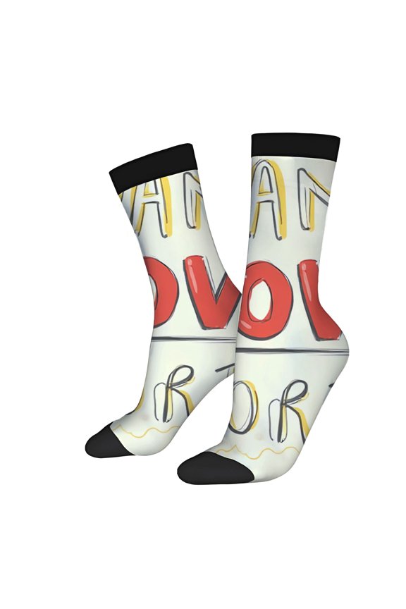 Unisex Trendy Socks (2 Pairs) - Colorful " LOVE " Design on White Background Bold Red & Yellow Text Black Toe Caps & Cuffs