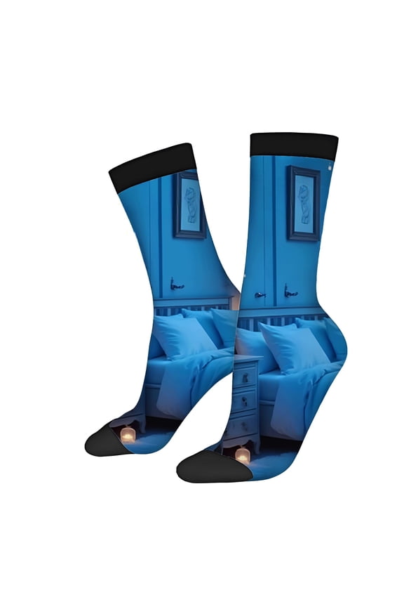 Unisex Trendy Socks (2 Pairs) - Cozy Blue Bedroom Design with Bed Nightst Picture - Stylish Mixed Color for All Seasons