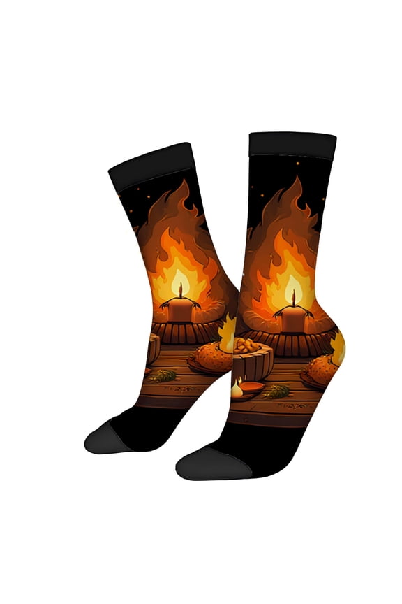 Unisex Trendy Socks (2 Pairs) - Cozy Fire Design with Vibrant Flames & Candle Black Base Perfect for All Seasons