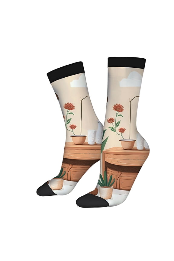 Unisex Trendy Socks (2 Pairs) - Cozy Indoor Scene Design with Wooden Table Potted Plants Perfect for All Seasons