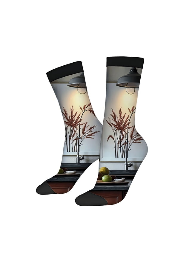 Unisex Trendy Socks (2 Pairs) - Cozy Kitchen Scene Design with Green Apples & Modern Ambiance Perfect for All Seasons