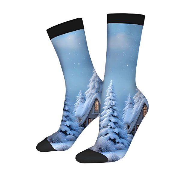 Unisex Trendy Socks (2 Pairs) - Cozy Winter Scene with Cabin & Snowy Trees Perfect for All Seasons Mixed Color Design