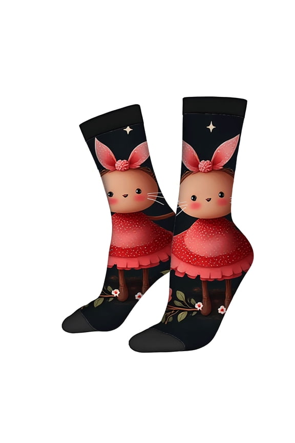 Unisex Trendy Socks (2 Pairs) - Cute Cartoon Character Design with Floral Pattern Perfect for All Seasons Mixed Colors
