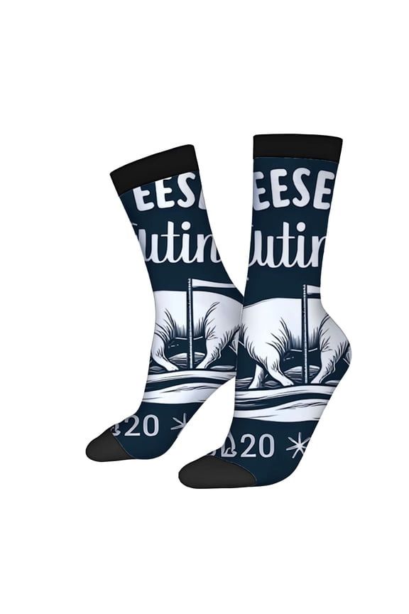 Unisex Trendy Socks (2 Pairs) - Dark Blue with ' CHEESE ' & ' UTINING ' Cow & Fence Design Perfect for All Seasons Mixed Colors
