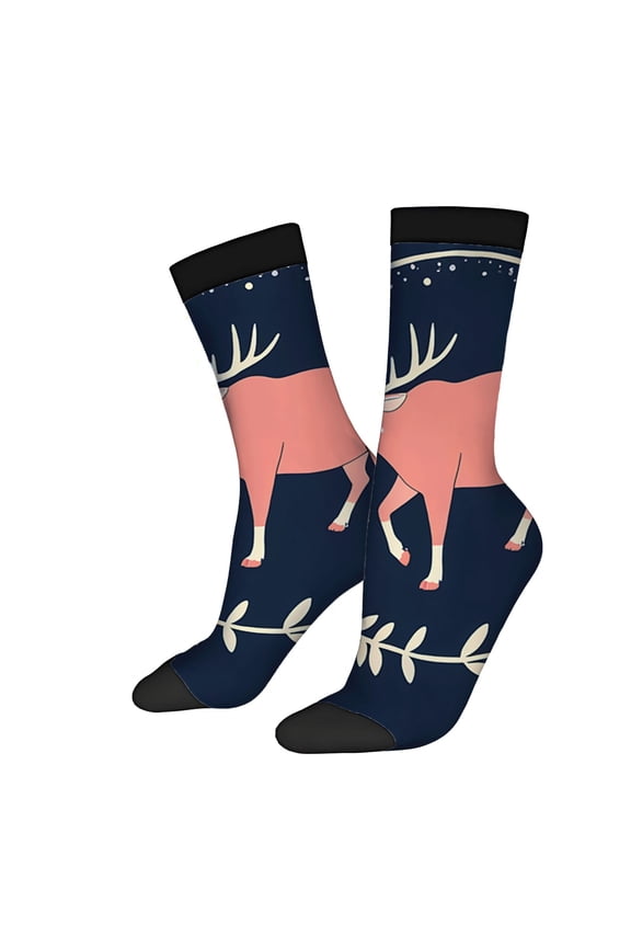 Unisex Trendy Socks (2 Pairs) - Dark Blue with Pink Deer & White Antlers Leaf Pattern Black Toe Caps Perfect for All Seasons