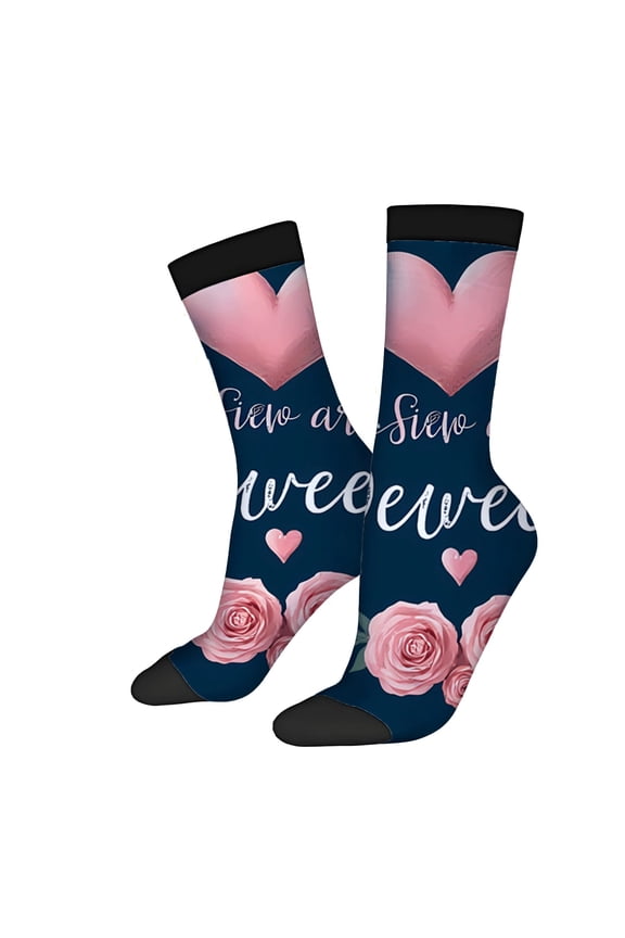 Unisex Trendy Socks - 2 Pairs Dark Blue with Pink Hearts & Roses ' Velo aqu ' & ' sweet ' Text Stylish Mixed Color Design for All Seasons