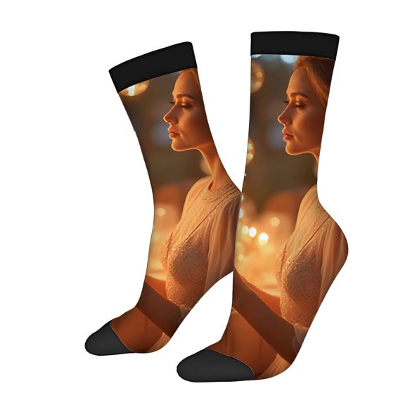 Unisex Trendy Socks (2 Pairs) - Dreamy Woman in White Dress Design Warm Glow & Blurred Lights Perfect for All Seasons