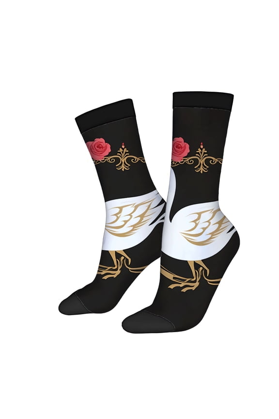 Unisex Trendy Socks (2 Pairs) - Elegant Black Socks with White Bird Golden Wings & Red Roses - Stylish Mixed Color for All Seasons