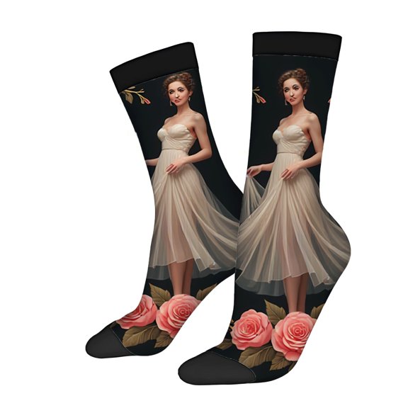 Unisex Trendy Socks (2 Pairs) - Elegant Cream Dress Design with Pink Roses & Floral Pattern Perfect for All Seasons