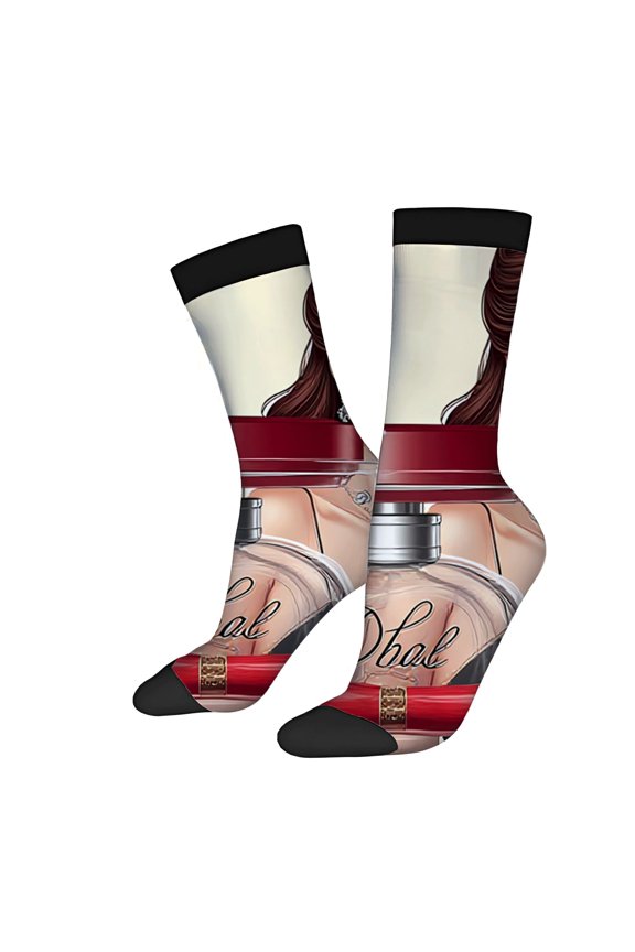 Unisex Trendy Socks (2 Pairs) - Fashionable Mixed Color Design with Perfume Bottle & Flowing Hair Perfect for All Seasons