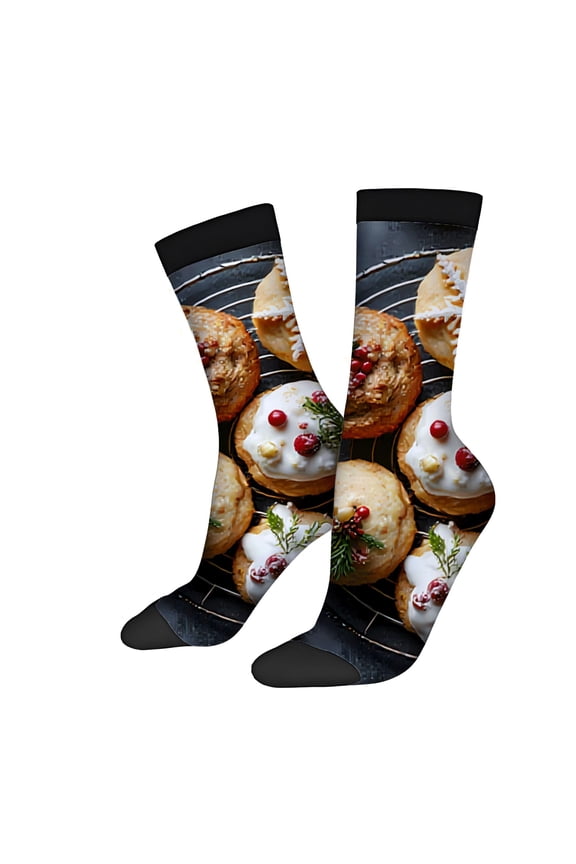 Unisex Trendy Socks (2 Pairs) - Festive Baked Goods Design with Cookies & Pastries Perfect for All Seasons Mixed Colors