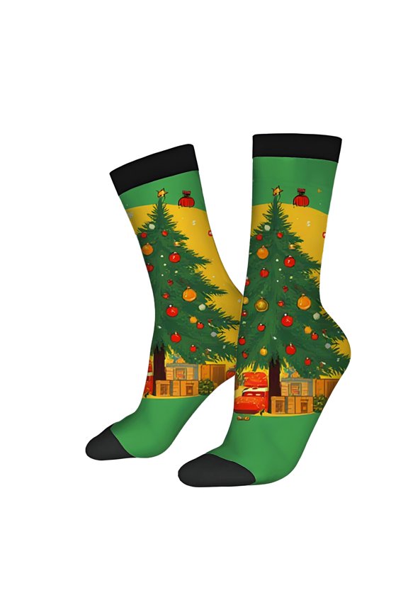 Unisex Trendy Socks (2 Pairs) - Festive Green Christmas Tree Design with Ornaments Cozy House & Snowy Landscape Perfect for All Seasons