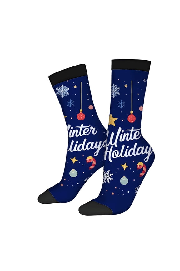 Unisex Trendy Socks (2 Pairs) - Festive Navy Blue with Colorful Christmas Ornaments Snowflakes and Candy Canes - Perfect for Winter Holidays