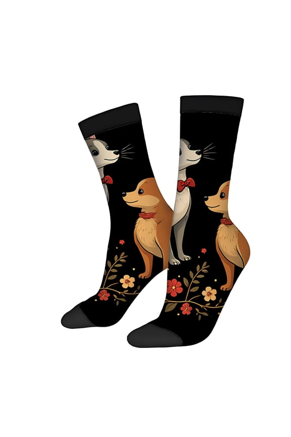 Unisex Trendy Socks (2 Pairs) - Floral Pattern with Brown & Orange Dogs in Bow Ties Perfect for All Seasons Stylish & Fun