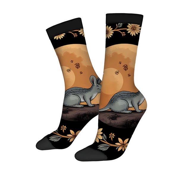 Unisex Trendy Socks (2 Pairs) - Floral Pattern with Gray Kangaroo Butterflies on Warm Sunset Background Perfect for All Seasons