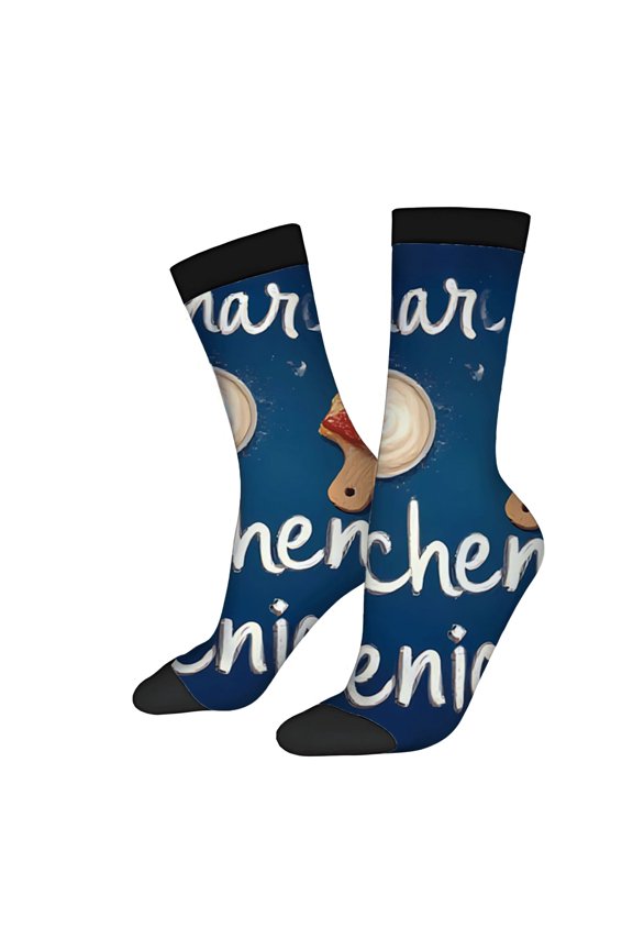 Unisex Trendy Socks (2 Pairs) - Fun Blue Background with Wooden Board Meat Soup & ' Merchandise ' Design Perfect for All Seasons