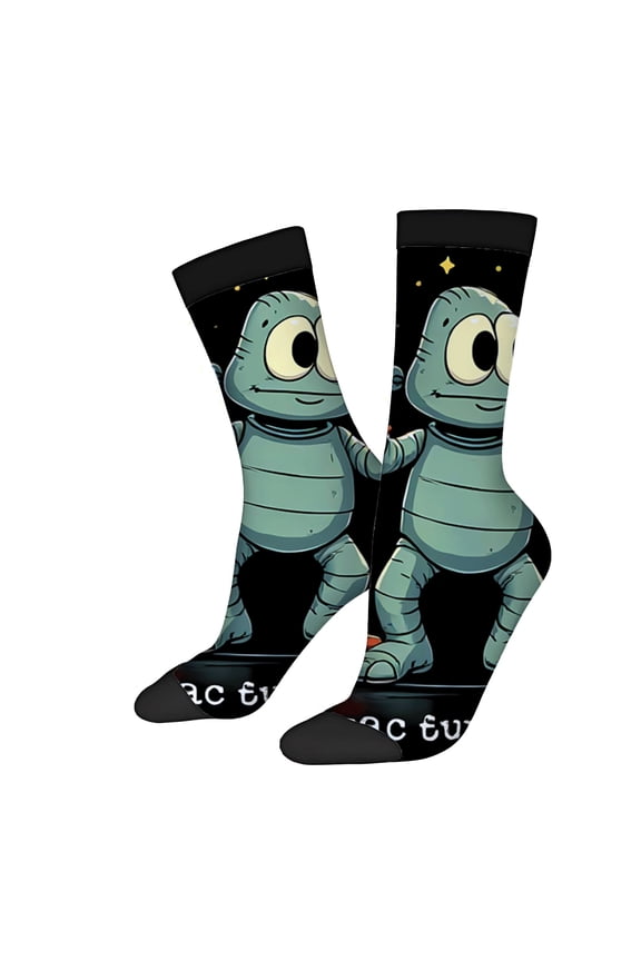 Unisex Trendy Socks (2 Pairs) - Fun Cartoon Character Design with Green Creature & Yellow Stars on Black Background Perfect for All Seasons