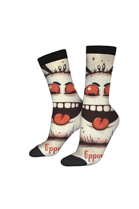 Unisex Trendy Socks (2 Pairs) - Fun Cartoon Character Design with Red Eyes & Playful Tongue Light Beige Background Perfect for All Seasons
