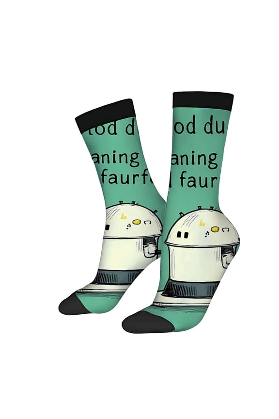 Unisex Trendy Socks (2 Pairs) - Fun Cartoon Robot/ Design on Green Background Playful Text Perfect for All Seasons