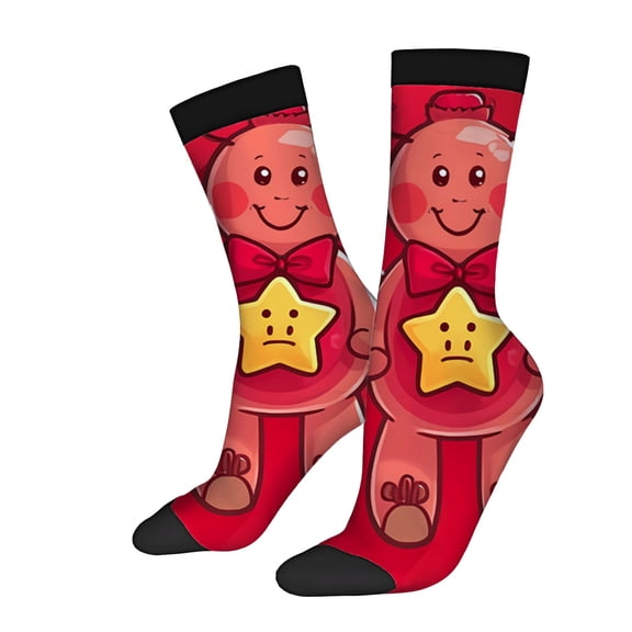 Unisex Trendy Socks (2 Pairs) - Fun Red & Pink Cartoon Character Design with Smiling Face & Yellow Star Perfect for All Seasons