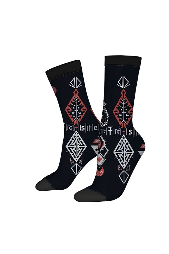 Unisex Trendy Socks (2 Pairs) - Geometric Diamond Pattern in Red White & Gray on Black Stylish for All Seasons