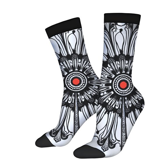 Unisex Trendy Socks (2 Pairs) - Intricate Black & White Floral Mandala Design with Red Accents Perfect for All Seasons
