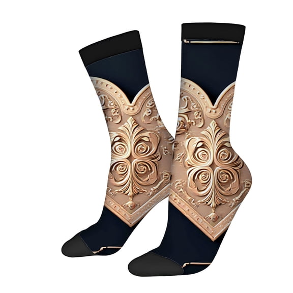 Unisex Trendy Socks (2 Pairs) - Intricate Floral Design in Beige on Dark Blue Black Toe Caps & Cuffs Perfect for All Seasons
