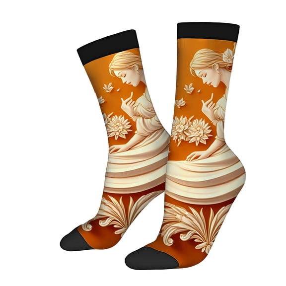 Unisex Trendy Socks (2 Pairs) - Intricate Floral Design with Woman in Dress Warm Orange Background Perfect for All Seasons