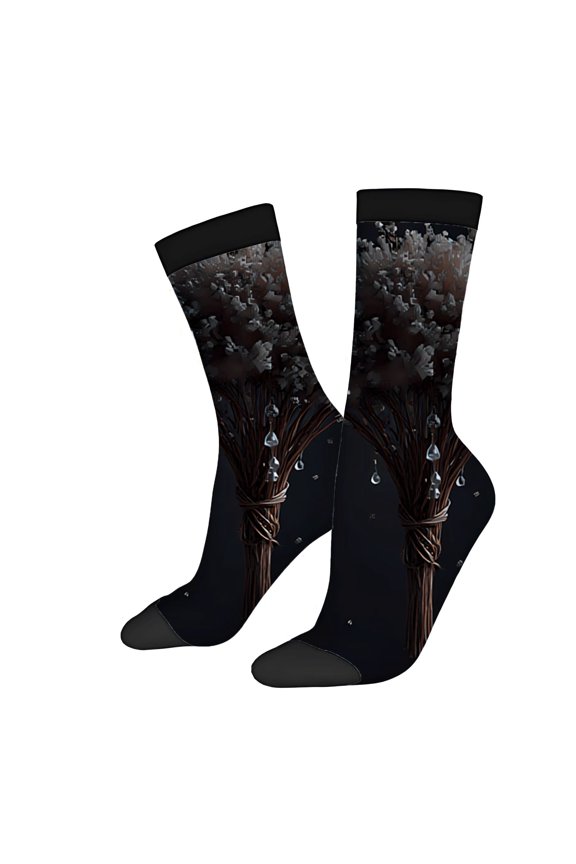 Unisex Trendy Socks (2 Pairs) - Intricate Tree Design with Floating Leaves & Water Droplets Perfect for All Seasons Mixed Colors