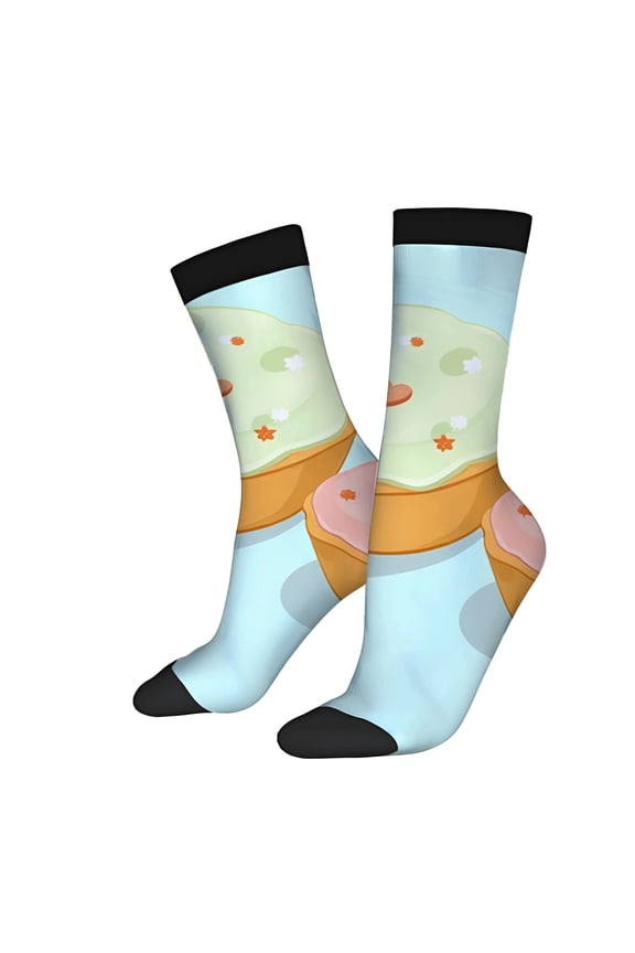 Unisex Trendy Socks (2 Pairs) - Light Blue with Whimsical Pastel Patterns Black Toe Caps & Cuffs Perfect for All Seasons