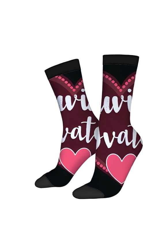 Unisex Trendy Socks (2 Pairs) - Maroon & Black with Pink Hearts White ' Wishing ' Cursive and Triangular Dot Pattern Perfect for All Seasons