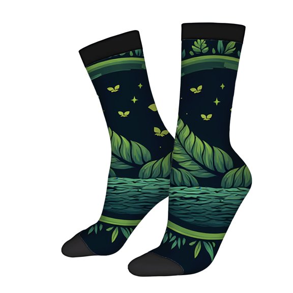 Unisex Trendy Socks (2 Pairs) - Nature-Inspired Design with Green Leaves Water Starry Sky Butterflies - Perfect for All Seasons