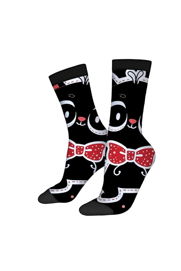 Unisex Trendy Socks (2 Pairs) - Playful Black Bear Design with Red Bow Tie Perfect for All Seasons Mixed Color Fun