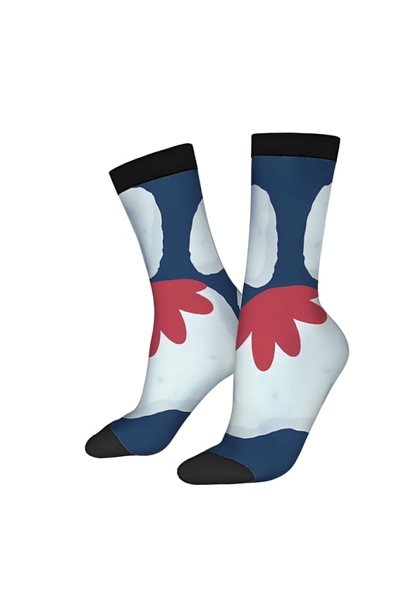 Unisex Trendy Socks (2 Pairs) - Playful Blue & White with Red Flower Pattern Black Toe Caps Perfect for All Seasons
