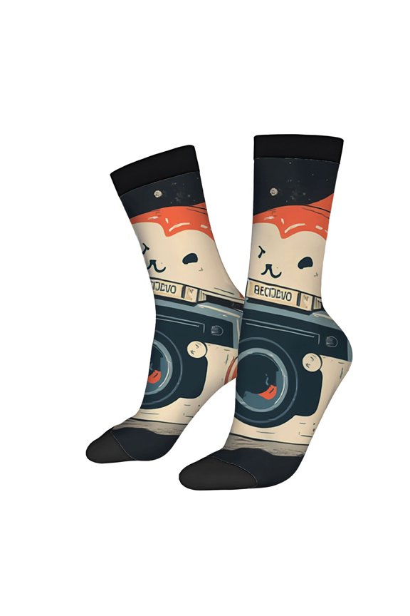 Unisex Trendy Socks (2 Pairs) - Playful Camera Design with Cartoon Face Starry Sky & Moon Retro Aesthetic Perfect for All Seasons