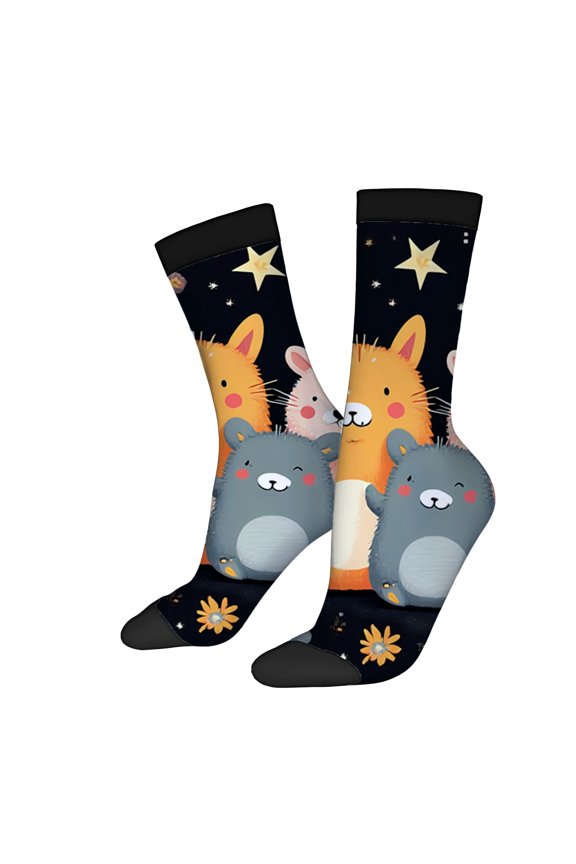 Unisex Trendy Socks (2 Pairs) - Playful Cartoon Animals on Starry Background Whimsical Design with Mouse & Rabbit