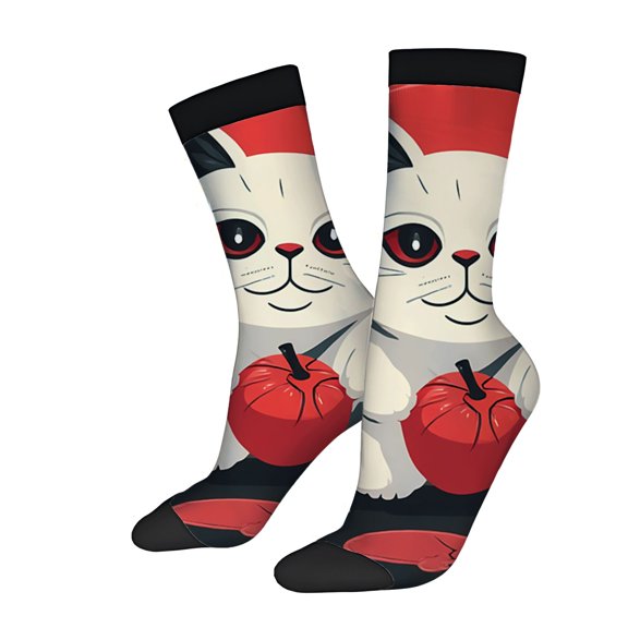 Unisex Trendy Socks (2 Pairs) - Playful Cartoon Cat Design with Large Eyes & Red Stylish Red & Black Color Scheme Perfect for All Seasons