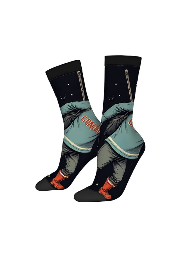 Unisex Trendy Socks (2 Pairs) - Playful Cartoon Design with Dynamic Baseball Player on Dark Starry Background Perfect for All Seasons