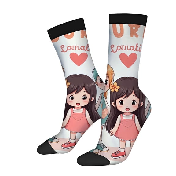 Unisex Trendy Socks (2 Pairs) - Playful Cartoon Design with Girl in Pink Dress & Blue Character Heart Pattern Perfect for All Seasons