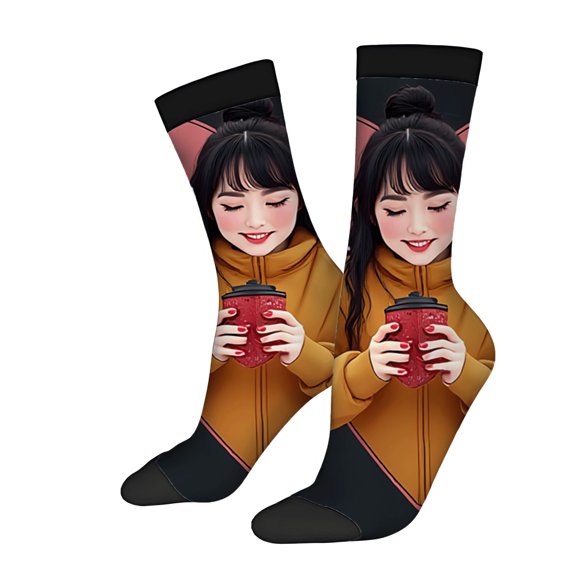 Unisex Trendy Socks (2 Pairs) - Playful Cartoon Design with Smiling Character in Yellow Hoodie Perfect for All Seasons