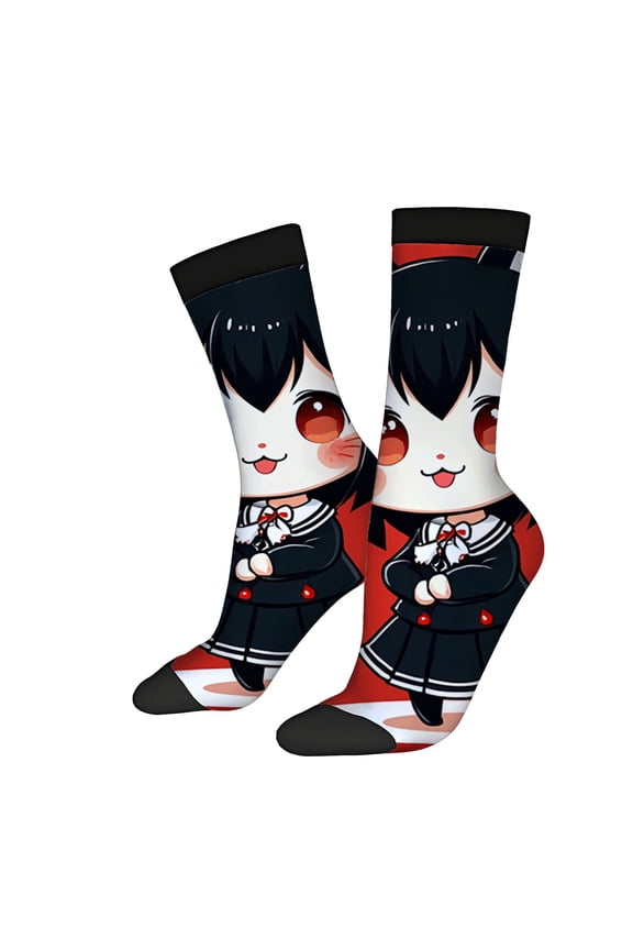 Unisex Trendy Socks (2 Pairs) - Playful Cartoon Sailor Design with Cheerful Character Black & White with Red Stripes Perfect for All Seasons