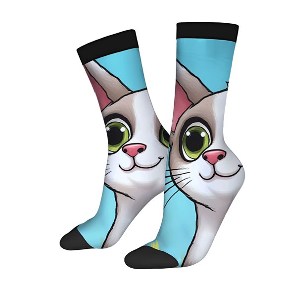 Unisex Trendy Socks (2 Pairs) - Playful Cat Face Design with Green Eyes Light Blue Base Perfect for All Seasons