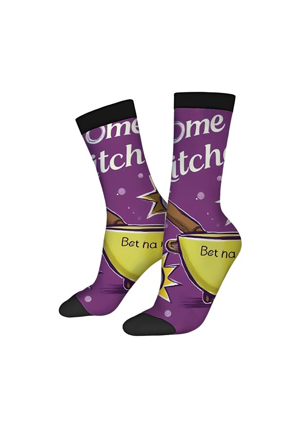 Unisex Trendy Socks - 2 Pairs Playful Purple Design with Yellow Wooden ' One Witch ' Text Casual Wear for All Seasons