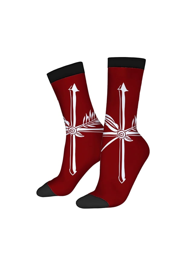 Unisex Trendy Socks (2 Pairs) - Red Background with Black Toe Caps White Cross Design & Leaf Motif Perfect for All Seasons